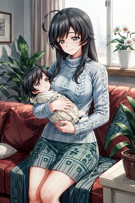 anime girl holding a baby in her arms while sitting on a couch