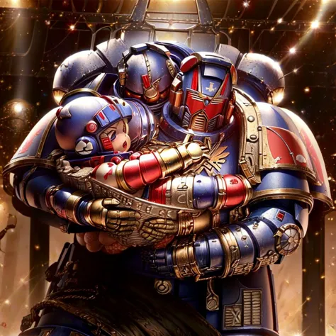 a close up of a person holding a child in a space marine suit