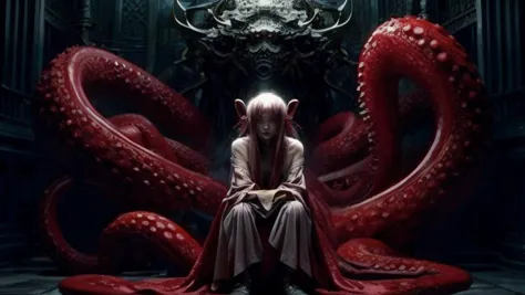 a close up of a person sitting on a chair with an octopus