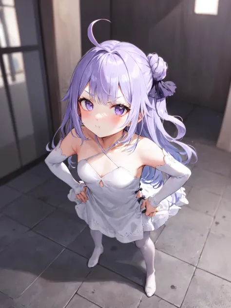 from above, face focus, 1girl, standing, hands on hips, ahoge, light purple hair, ribbon, hair bun, white dress, white pantyhose...