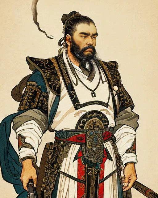 masterpiece, traditional_media, best quality, (realistic), Ancient China , 1 boy, Old General,Martial Arts,Weathered Face, Full-length Portrait,Military Commander, long beard,(armor), old, solo, very long beard, ribbon, cloud, smoke, sky,Traditional Attire,Longevity,Traditional Brushwork,Traditional Brushwork,Historical Figure,Battle-hardened,Strength and Power, Historical Costume,Strategic Mind, Traditional Ink Painting , Traditional-style beard, Ancient-style beard,Flowing beard ,Grizzled beard