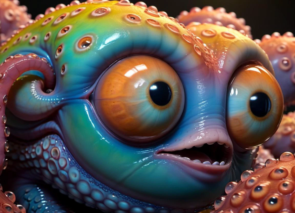(centered) 3d model of a cute sinister vibrant colored monster octopus souless eyes by alexander jansson:1.3 | centered, psychedelic, colorful, matte background:0.9 | by jim henson:0.7 | dave melvin:0.4 | unreal engine, deviantart, artstation, octane, finalrender, concept art, hd, 8k resolution big eyes  trypophobia fractalvines, subsurface scattering, ultra hd, 4k, high def, Photorealistic, Hyperrealistic, Hyper detailed, analog style, realistic, masterpiece, best quality, ultra realistic, 8k, Intricate, High Detail, film photography, soft lighting,  heavy shadow