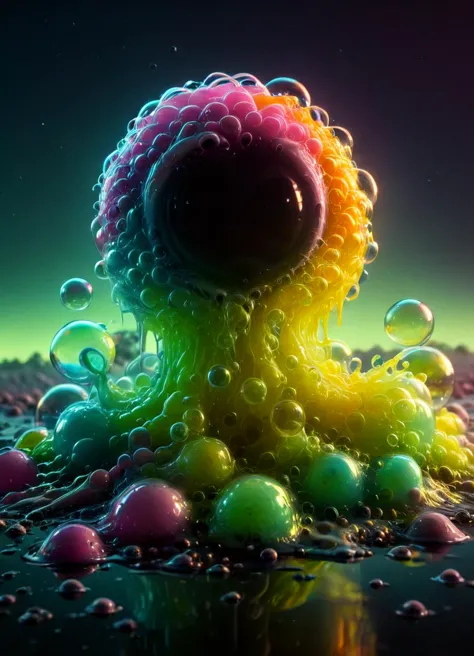 Photo cinématographique sur le thème de l&#39;horreur Jeu de couleurs ombrées de bleu néon, rose néon, jaune fluo, néon vert, orange fluo, une créature de slime goo bouillonnante  *Canal_42* fait de bulles de savon, faite de mousse de bain blanche avec de grands yeux fx-monstres acidzlime, diffusion souterraine, PhotoRéaliste, HyperRéaliste, style analogique, Réaliste, Photographie argentique, éclairage doux, ombre lourde , photographie 35 mm, film, bokeh, professionnel, 4k, très détaillé . sinistre, troublant, sombre, fantasmagorique, suspensif, sombre, très détaillé