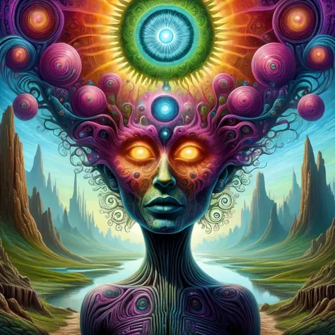 a painting of a woman with a psychedelic head and a mountain in the background