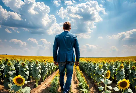 masterpiece,professional photography, 
A man (full figure, from behind, zoomed out:1.5) far away looking down on a field of sunflowers under a cloudless blue sky, yellow field blue sky, view from up high on hill, dramatic view (symbol of Ukrainian hope and resistance) , sunny landscape with,  soft bounced lighting, amazing depth of field, shot from a low angle, shot on Lumix GH5 (cinematic bokeh, dynamic range, vibrant colors)