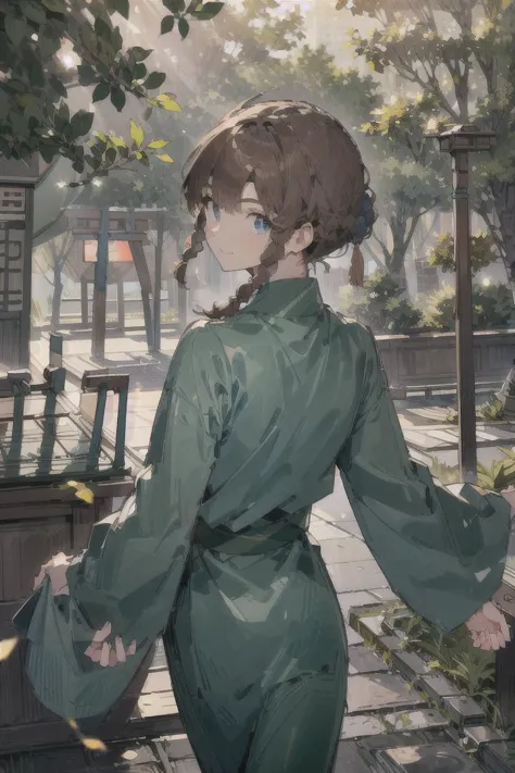 anime girl in green dress walking down a sidewalk with a bench