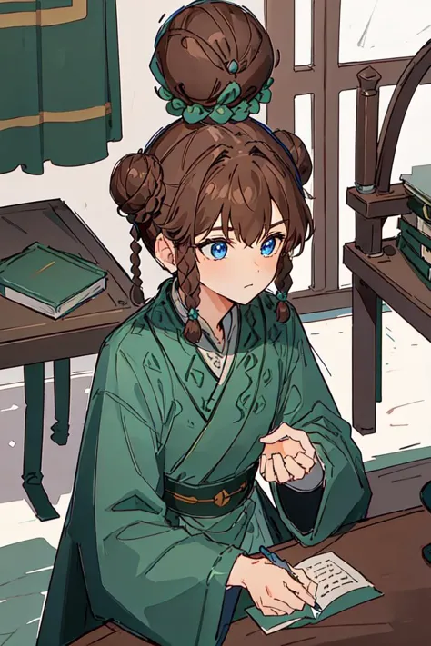 1boy, (Highest picture quality), (Master's work), (ultra-detailed), (Detailed eye description:1.2), (masterpiece, best quality, high quality, highres, ultra-detailed), solo,   <lora:Hu-Jia:1>, dark blue eyes, brown hair, braids, asymmetrical bangs, (1bunch:1.3), (1bun on top of head:1.3), sits by the table, chinese room,  books, very much books, scrolls, letter brushes