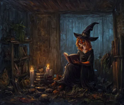 painting of a witch reading a book in a dark room