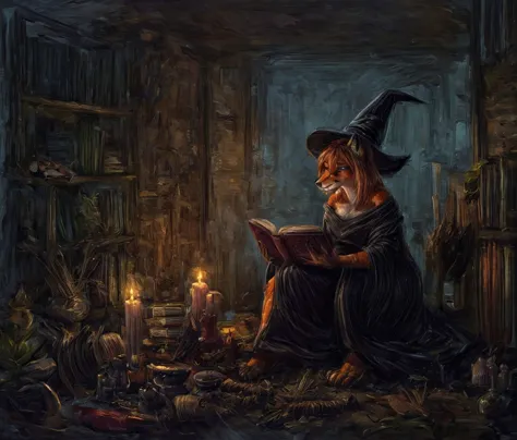 painting of a witch reading a book in a dark room