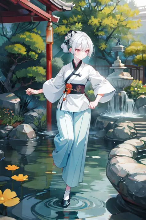 a woman in a kimono outfit is walking through a pond