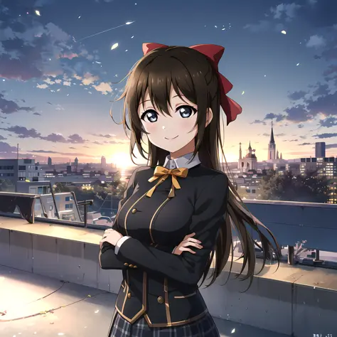 high quality, best quality, masterpiece, absurdres, shizuku osaka, uniform, 1girl, rooftop, smile,  <lora:szk:0.75>, hair_bow, outdoors, wideshot, dawn, long_hair