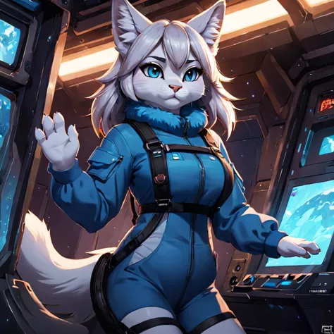 a close up of a cat in a space station with a computer