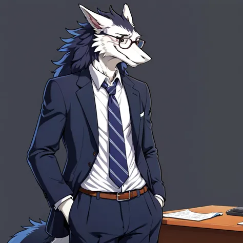 anime character of a wolf in a suit and tie standing in front of a desk