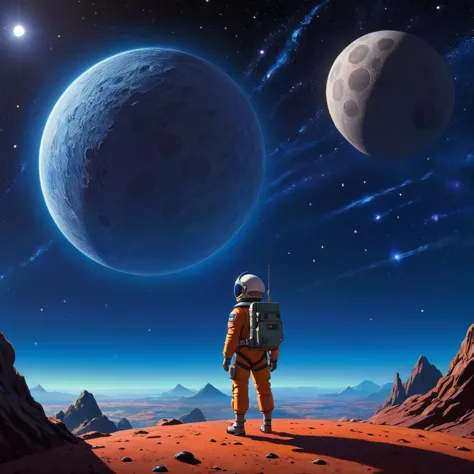 a man in an astronaut suit standing on a desert with a moon in the background