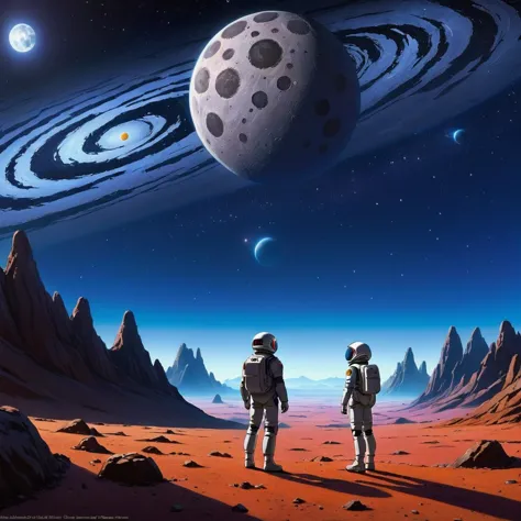 two astronauts standing on a planet with a spiral in the background