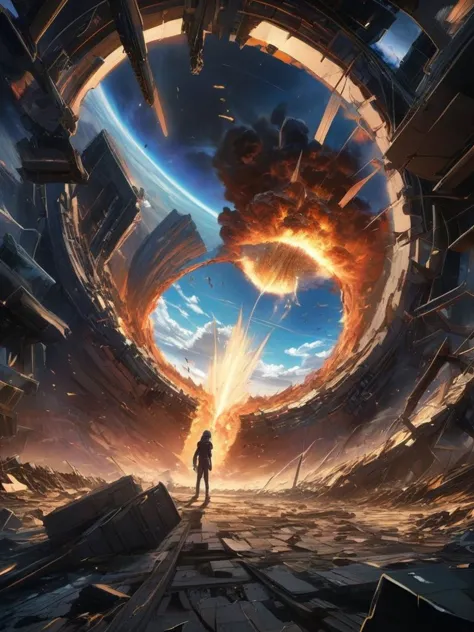 a man standing in front of a huge explosion in a futuristic space station