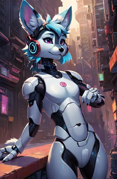 a close up of a robot cat standing on a ledge