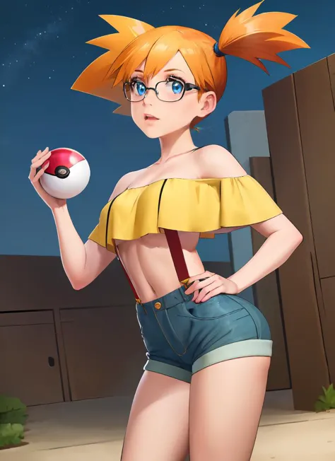 ((best quality)), ((highly detailed)), masterpiece, , (1girl), (glasses), IncrsZmLayer, zoom layer, dynamic pose, cowboy shot, (((wide shot))), ((off-shoulder bikini, one-piece swimsuit, barefoot, flip-flops, beachball)), misty_(pokemon), ((orange hair, side ponytail)), short hair, blue eyes, medium breasts, poke ball, yellow crop top, denim shorts, (red suspenders), (midriff, navel), red sneakers, (outside, at a school, building, night, night sky, stars, half moon, shooting star, telescope), 