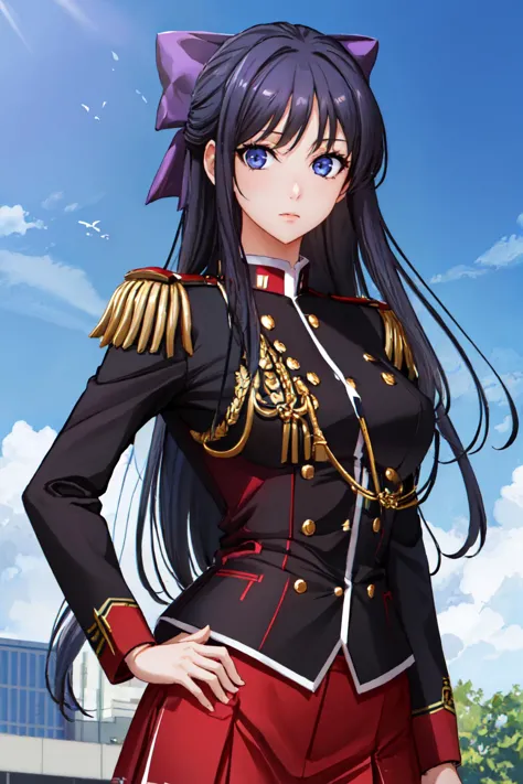 (masterpiece, best quality:1.2), solo, 1girl, akanedef, expressionless, looking at viewer, hand on hip, hair bow, aiguillette, school uniform, epaulettes 