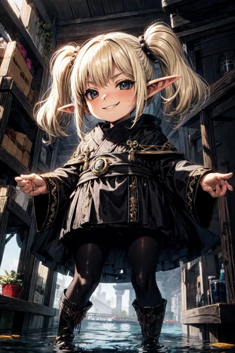 (best quality), (masterpiece),ultra-detailed,ultra high res,full body,from below,fish eye,
<lora:TRTR2:0.75> ,1girl, elf,black nose,(chibi:1.1),(smirk:1.3),(plump:1.1),wand,evil,
blonde hair,short twintails,black robe,golden embroidery,black boots,black pa...