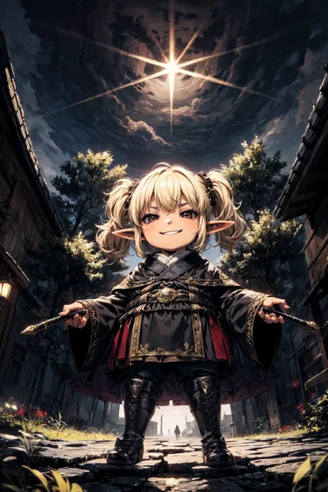 (best quality), (masterpiece),ultra-detailed,ultra high res,full body,from below,fish eye,
 <lora:TRTR2:0.75> ,1girl, elf,black nose,(chibi:1.1),(smirk:1.3),(plump:1.1),wand,evil,
blonde hair,short twintails,black robe,golden embroidery,black boots,
huge t...
