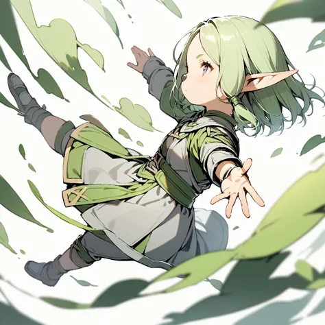 1girl,solo,elf,(black nose:0.9),green hair,
full body,outstretched arm,
grey clothing,
from side,
White Background,
  <lora:TRTR...