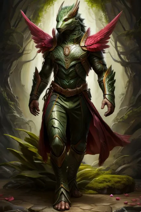 a man in armor walking through a forest with a red cape