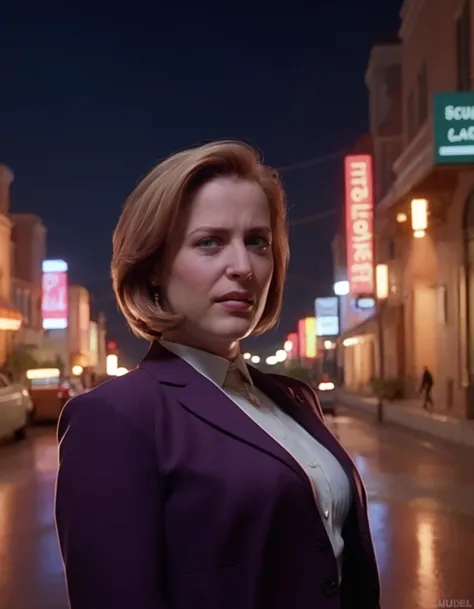 arafed woman in a purple jacket standing on a city street