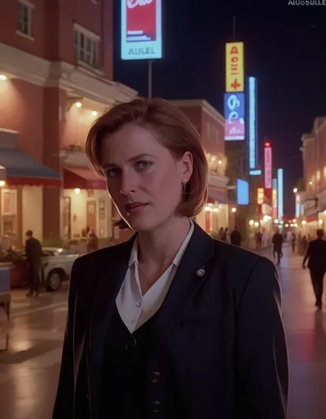 a woman standing on a city street at night in a suit