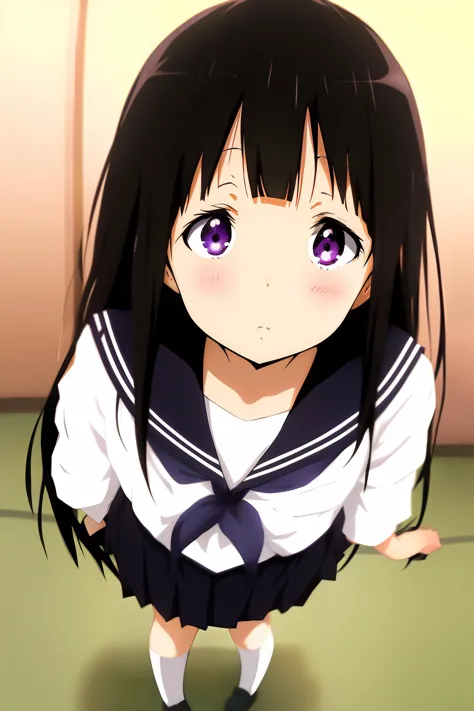 chitanda eru, black hair, long hair, purple eyes, blush, serafuku, bangs, skirt, kamiyama high school uniform (hyouka), <lora:Go...