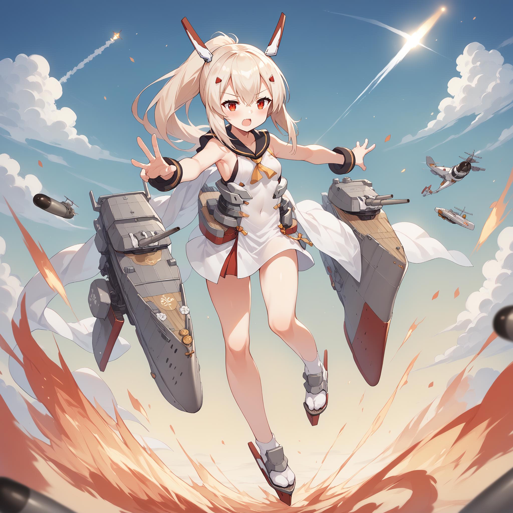 Anime girl with a gun and a tank in the air - SeaArt AI