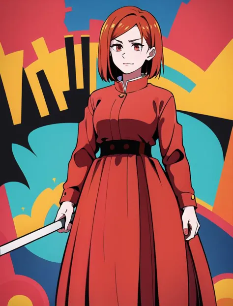 a woman in a red dress holding a sword in front of a colorful background