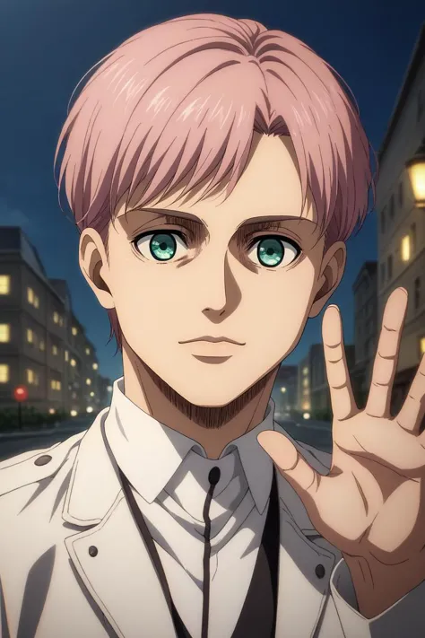 score_9, score_8_up, score_7_up, source_anime, rating_safe, intricate details, anime screencap, , , looking at viewer, depth of field, 1boy, male focus, teal eyes, pink hair, biker costume, solo, upper body, city, city lights, day, sunny, waving, distracted, aloof, oblivious, shingeki_no_kyojin_s4_style, 