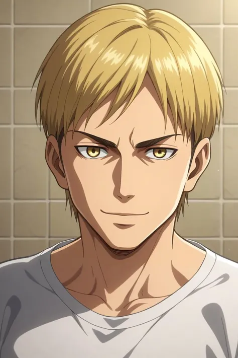 score_9, score_8_up, score_7_up, source_anime, rating_safe, intricate details, anime screencap, anime coloring, , looking at viewer, , 1boy, male focus, gold eyes, ash blonde hair,, solo, panorama, bathroom, noon, arm support, smirk, shingeki_no_kyojin_style, 