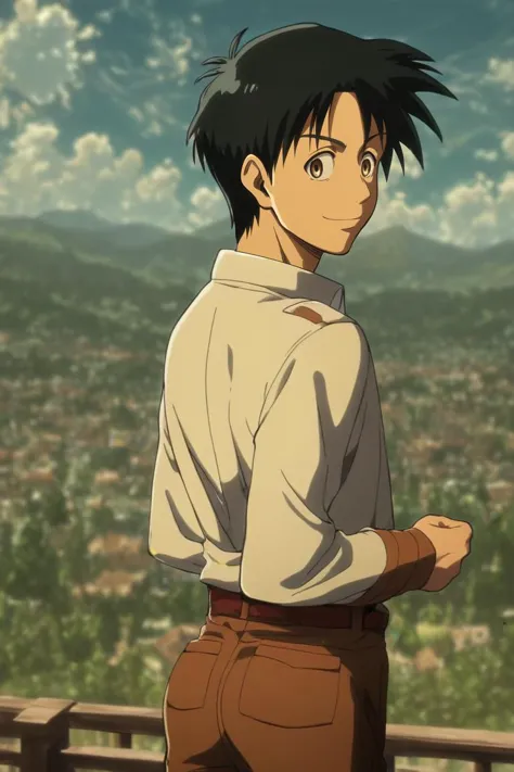 score_9, score_8_up, score_7_up, source_anime, rating_safe, , , , depth of field, 1boy, ash ketchum, pokemon, black hair, brown eyes, solo, rule of thirds, mountaintop city, dark, ass, naughty smile, shingeki_no_kyojin_style, 