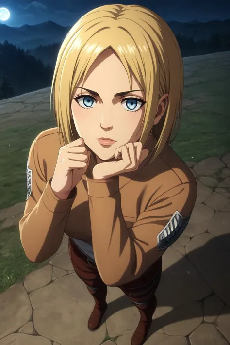 score_9, score_8_up, score_7_up, source_anime, rating_safe, , (3d:0.4), looking at viewer, , 1girl, light blue eyes, honey blonde hair,, solo, from above, full body, grand canyon, night, full moon, victory pose, giggling, shingeki_no_kyojin_style, 