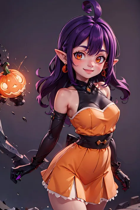 a woman in a short dress holding a pumpkin and a knife