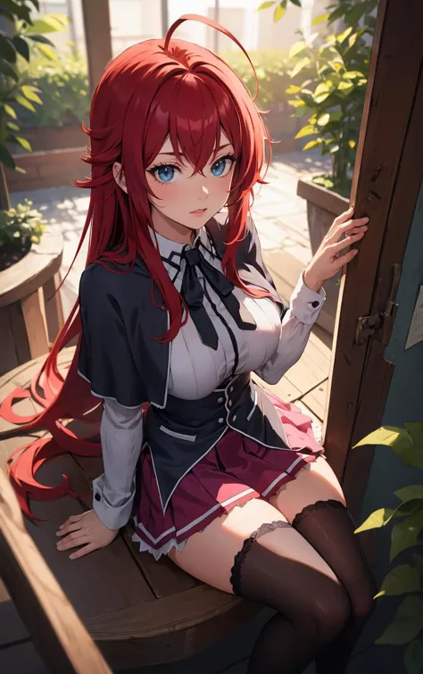 ((masterpiece, best quality)), insaneres, absurdres, solo, looking at viewer, 
ANIME_DxD_Rias_Gremory_ownwaifu, 
1girl, bangs, long hair, red hair, breasts, large breasts, rias gremory, blue eyes, hair between eyes, very long hair, collarbone, hair intakes,  hair over breasts, 
black capelet, black corset, collared shirt, kuoh academy school uniform, layered skirt, underbust, school uniform, skirt, shirt, long sleeves, purple skirt, ribbon, miniskirt, neck ribbon, thighhighs, black ribbon, 
(from above, sitting)<lora:ANIME_DxD_Rias_Gremory_ownwaifu:0.9>,
 depth of field, vanishing point, garden, sidelighting,