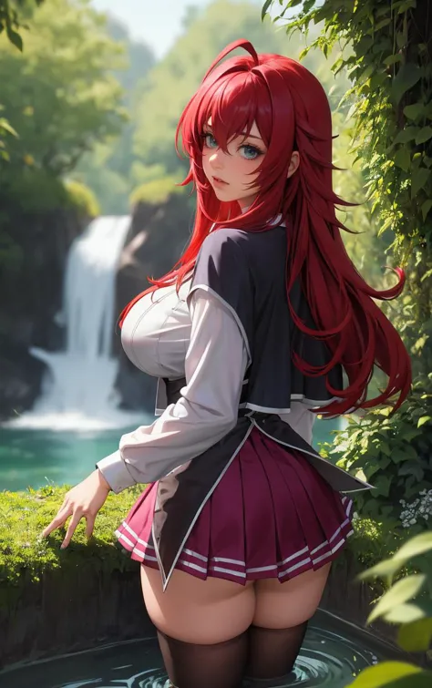 ((masterpiece, best quality)), insaneres, absurdres, solo, looking at viewer, 
ANIME_DxD_Rias_Gremory_ownwaifu, 
1girl, bangs, long hair, red hair, breasts, large breasts, rias gremory, blue eyes, hair between eyes, very long hair, collarbone, hair intakes,  hair over breasts, 
black capelet, black corset, collared shirt, kuoh academy school uniform, layered skirt, underbust, school uniform, skirt, shirt, long sleeves, purple skirt, ribbon, miniskirt, neck ribbon, thighhighs, black ribbon, 
(wading, looking back), waterfall, depth of field, vanishing point, garden, sidelighting,