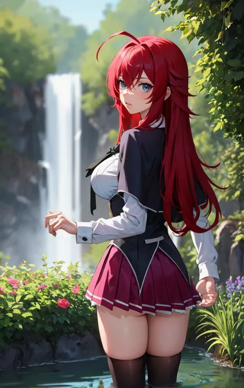 ((Meisterwerk, beste Qualität)), Wahnsinniger, absurdesten, Allein, Betrachter betrachten, 
Anime-Serie_dxd_rias_gremory_Abonnieren, 
1 Mädchen, bangs, lange Haare, Rote Haare, Brüste, large Brüste, Rias Gremory, blaue Augen, Haare zwischen den Augen, very lange Haare, Schlüsselbein, Haaraufnahmen,  hair over Brüste, 
schwarzes Cape, schwarzes Korsett, collared Hemd, kuoh academy Schuluniform, layered Rock, unter Fehlschlag, Schuluniform, Rock, Hemd, lange Ärmel, purple Rock, Schleife, miniRock, neck Schleife, Strümpfe, black Schleife, 
(Waten, zurückblicken), waterfall, Tiefenschärfe, Fluchtpunkt, garden, Seitenlicht,