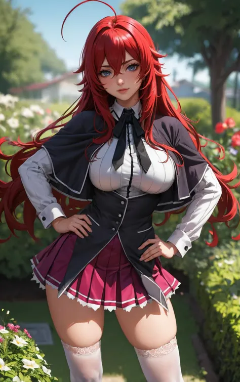 ((Meisterwerk, beste Qualität)), Wahnsinniger, absurdesten, Allein, Betrachter betrachten, 
Anime-Serie_dxd_rias_gremory_Abonnieren, 
1 Mädchen, bangs, lange Haare, Rote Haare, Brüste, large Brüste, Rias Gremory, blaue Augen, Haare zwischen den Augen, very lange Haare, Schlüsselbein, Haaraufnahmen,  hair over Brüste, 
schwarzes Cape, schwarzes Korsett, collared Hemd, kuoh academy Schuluniform, layered Rock, unter Fehlschlag, Schuluniform, Rock, Hemd, lange Ärmel, purple Rock, Schleife, miniRock, neck Schleife, Strümpfe, black Schleife, 
(kontrastiert, Hand auf der Hüfte)Tiefenschärfe, Fluchtpunkt, garden, Seitenlicht,