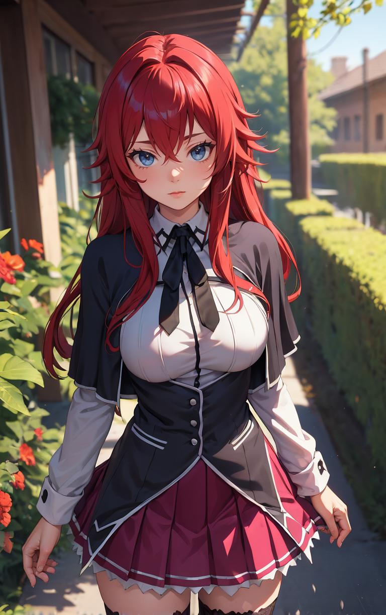 Anime girl with red hair and blue eyes posing in front of bushes - SeaArt AI