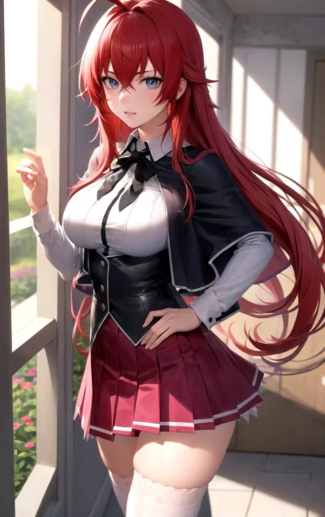 ((masterpiece, best quality)), insaneres, absurdres, solo, looking at viewer, 
ANIME_DxD_Rias_Gremory_ownwaifu, 
1girl, bangs, long hair, red hair, breasts, large breasts, rias gremory, blue eyes, hair between eyes, very long hair, collarbone, hair intakes,  hair over breasts, 
black capelet, black corset, collared shirt, kuoh academy school uniform, layered skirt, underbust, school uniform, skirt, shirt, long sleeves, purple skirt, ribbon, miniskirt, neck ribbon, thighhighs, black ribbon, 
(portrait, close-up)<lora:ANIME_DxD_Rias_Gremory_ownwaifu:0.8>,
 depth of field, vanishing point, garden, sidelighting,