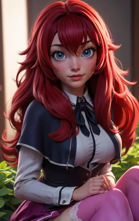 ((masterpiece, best quality)), insaneres, absurdres, solo, looking at viewer, 
ANIME_DxD_Rias_Gremory_ownwaifu, 
1girl, bangs, long hair, red hair, breasts, large breasts, rias gremory, blue eyes, hair between eyes, very long hair, collarbone, hair intakes,  hair over breasts, 
black capelet, black corset, collared shirt, kuoh academy school uniform, layered skirt, underbust, school uniform, skirt, shirt, long sleeves, purple skirt, ribbon, miniskirt, neck ribbon, thighhighs, black ribbon, 
(portrait, close-up)<lora:ANIME_DxD_Rias_Gremory_ownwaifu:0.8>,
 depth of field, vanishing point, garden, sidelighting,