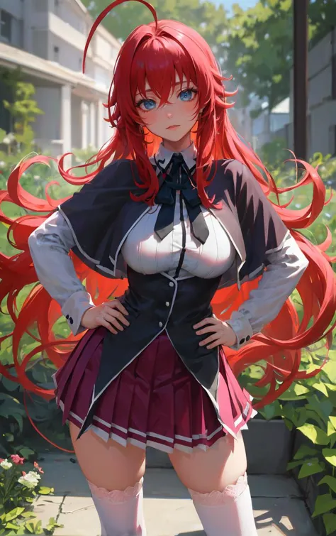 ((masterpiece, best quality)), insaneres, absurdres, solo, looking at viewer, 
ANIME_DxD_Rias_Gremory_ownwaifu, 
1girl, bangs, long hair, red hair, breasts, large breasts, rias gremory, blue eyes, hair between eyes, very long hair, collarbone, hair intakes,  hair over breasts, 
black capelet, black corset, collared shirt, kuoh academy school uniform, layered skirt, underbust, school uniform, skirt, shirt, long sleeves, purple skirt, ribbon, miniskirt, neck ribbon, thighhighs, black ribbon, 
(contrapposto, hand on hip)<lora:ANIME_DxD_Rias_Gremory_ownwaifu:1>,
 depth of field, vanishing point, garden, sidelighting,