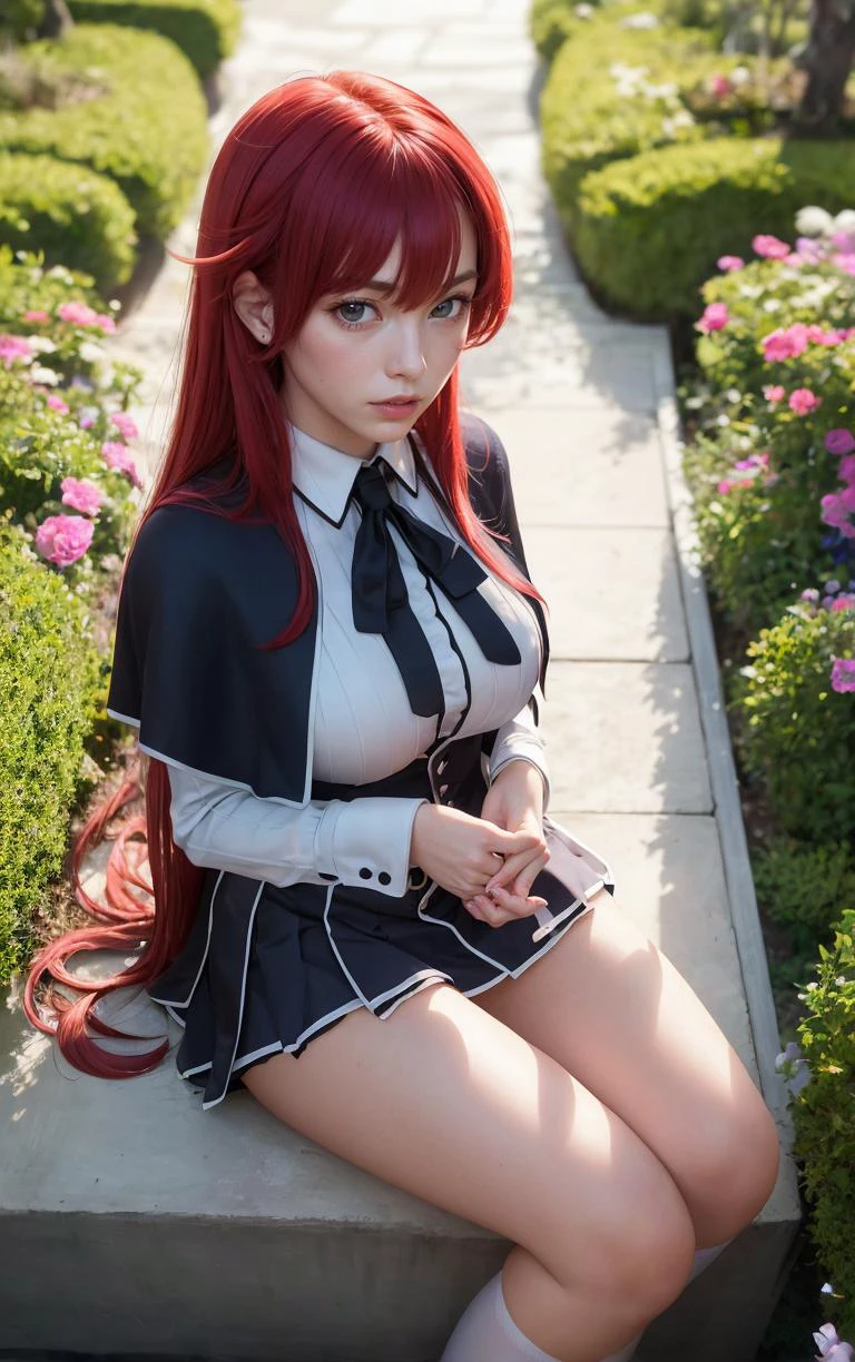 ((chef-d&#39;œuvre, meilleure qualité)), fous, absurdes, seulement, regarder le spectateur, 
Anime_DXD_rias_gremory_proprewaifu, 
1fille, frange, cheveux longs, cheveux roux, seins, large seins, maquillage gremory, yeux bleus, cheveux entre les yeux, very cheveux longs, clavicule, prises de cheveux,  hair over seins, 
capelet noir, Corset noir, collared chemise, uniforme scolaire de l&#39;académie kuoh, layered jupe, sous la poitrine, , jupe, chemise, manches longues, purple jupe, ruban, minijupe, neck ruban, hauts de cuisse, black ruban, 
(D&#39;en haut, séance)profondeur de champ, Point de fuite, jardin, éclairage latéral,