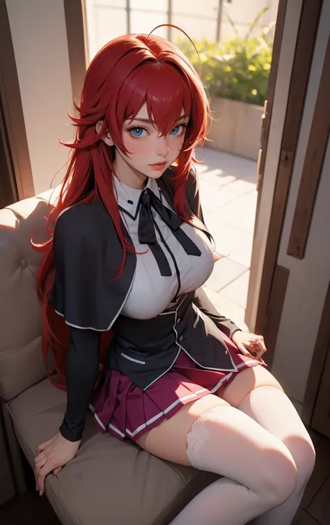 ((masterpiece, best quality)), insaneres, absurdres, solo, looking at viewer, 
ANIME_DxD_Rias_Gremory_ownwaifu, 
1girl, bangs, long hair, red hair, breasts, large breasts, rias gremory, blue eyes, hair between eyes, very long hair, collarbone, hair intakes,  hair over breasts, 
black capelet, black corset, collared shirt, kuoh academy school uniform, layered skirt, underbust, school uniform, skirt, shirt, long sleeves, purple skirt, ribbon, miniskirt, neck ribbon, thighhighs, black ribbon, 
(from above, sitting)<lora:ANIME_DxD_Rias_Gremory_ownwaifu:0.9>,
 depth of field, vanishing point, garden, sidelighting,