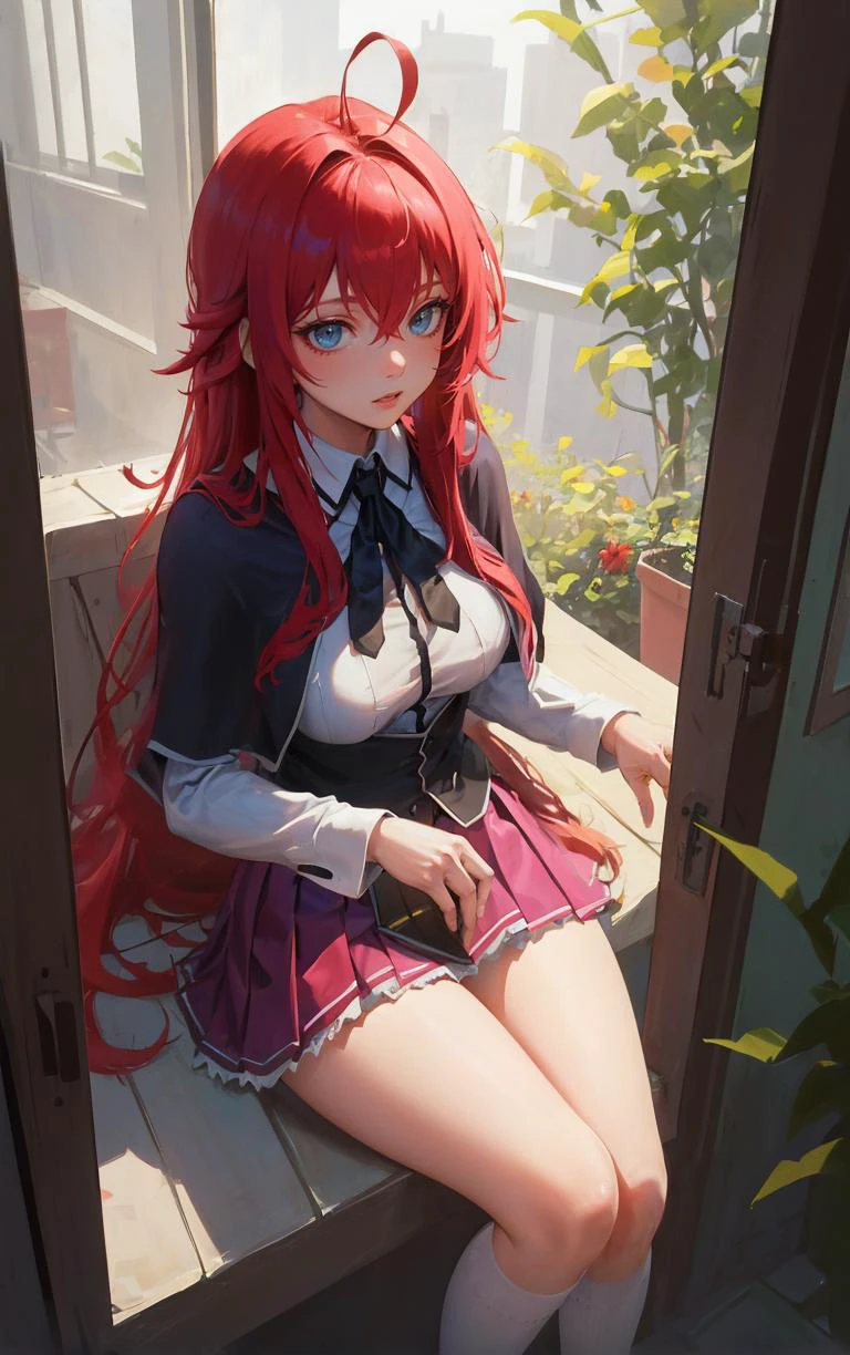 ((masterpiece, best quality)), insaneres, absurdres, solo, looking at viewer, 
ANIME_DxD_Rias_Gremory_ownwaifu, 
1girl, bangs, long hair, red hair, breasts, large breasts, rias gremory, blue eyes, hair between eyes, very long hair, collarbone, hair intakes,  hair over breasts, 
black capelet, black corset, collared shirt, kuoh academy school uniform, layered skirt, underbust, , skirt, shirt, long sleeves, purple skirt, ribbon, miniskirt, neck ribbon, thighhighs, black ribbon, 
(from above, sitting)depth of field, vanishing point, garden, sidelighting,