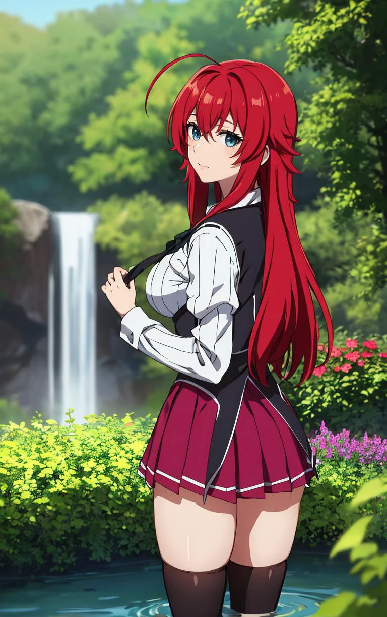 ((chef-d&#39;œuvre, meilleure qualité)), fous, absurdes, seulement, regarder le spectateur, 
Anime_DXD_rias_gremory_proprewaifu, 
1fille, frange, cheveux longs, cheveux roux, seins, large seins, maquillage gremory, yeux bleus, cheveux entre les yeux, very cheveux longs, clavicule, prises de cheveux,  hair over seins, 
capelet noir, Corset noir, collared chemise, uniforme scolaire de l&#39;académie kuoh, layered jupe, sous la poitrine, , jupe, chemise, manches longues, purple jupe, ruban, minijupe, neck ruban, hauts de cuisse, black ruban, 
(patauger, Regarder en arrière), cascade, profondeur de champ, Point de fuite, jardin, éclairage latéral,