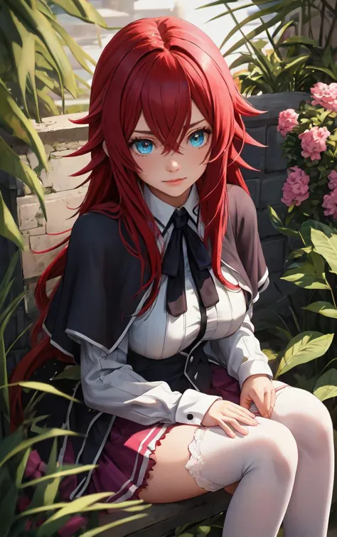 ((masterpiece, best quality)), insaneres, absurdres, solo, looking at viewer, 
ANIME_DxD_Rias_Gremory_ownwaifu, 
1girl, bangs, long hair, red hair, breasts, large breasts, rias gremory, blue eyes, hair between eyes, very long hair, collarbone, hair intakes,  hair over breasts, 
black capelet, black corset, collared shirt, kuoh academy school uniform, layered skirt, underbust, school uniform, skirt, shirt, long sleeves, purple skirt, ribbon, miniskirt, neck ribbon, thighhighs, black ribbon, 
(from above, sitting)<lora:ANIME_DxD_Rias_Gremory_ownwaifu:0.9>,
 depth of field, vanishing point, garden, sidelighting,